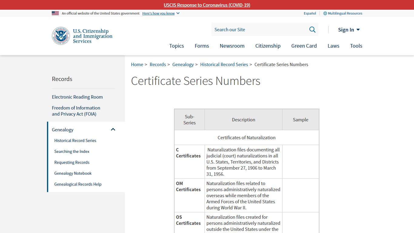 Certificate Series Numbers | USCIS